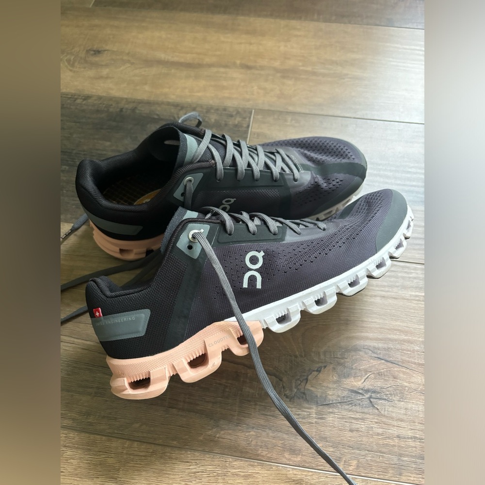 On Running Gray and Pink Athletic Shoes with Cloud Cushioning